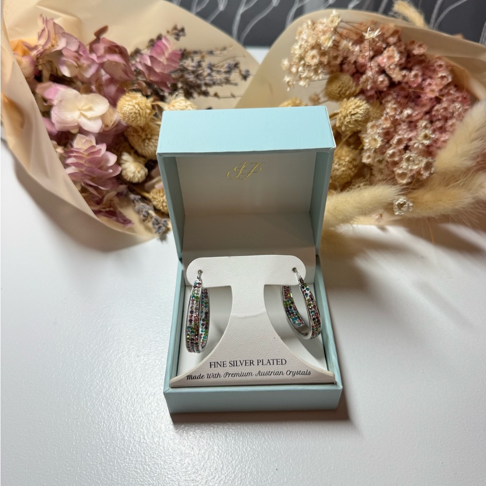 Jenni Park Fine Silver Plated Crystal Hoop Earrings Premium Austrian Crystals